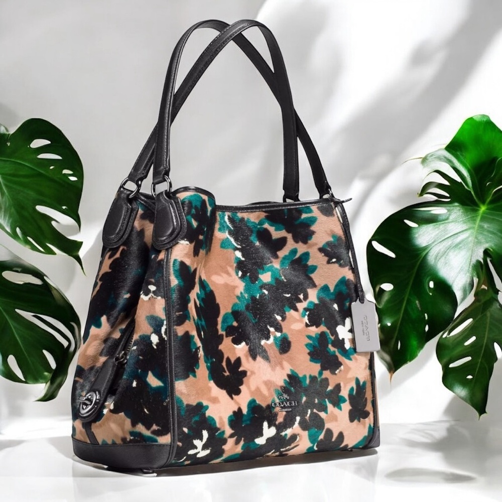 Coach Floral Shoulder Tote in Tan, Black & Teal